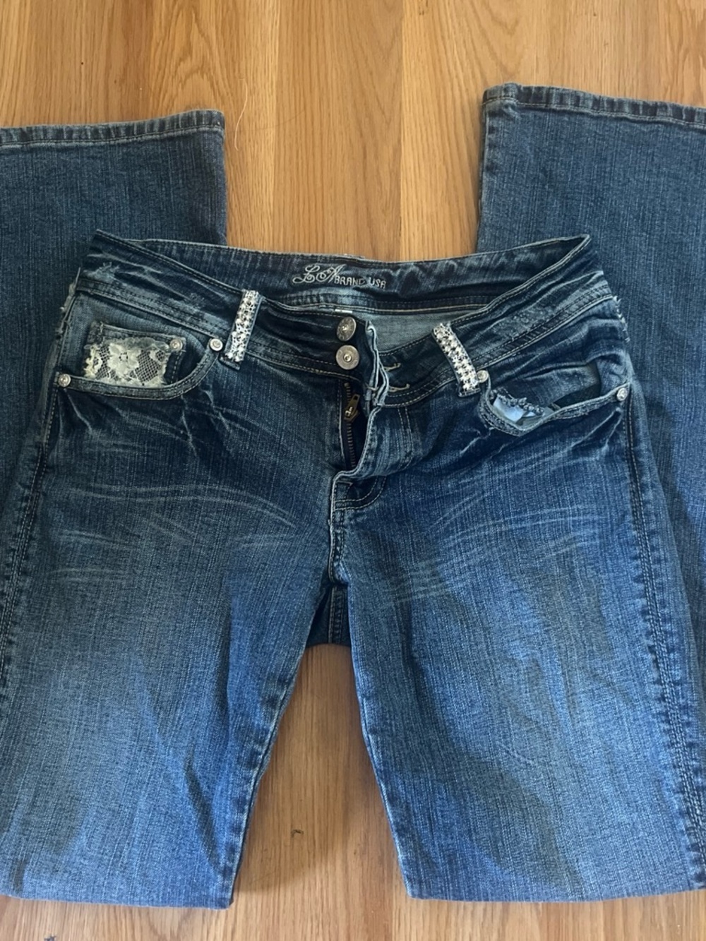 Blue Wash Women's Bootcut Jeans with Embellished Pockets